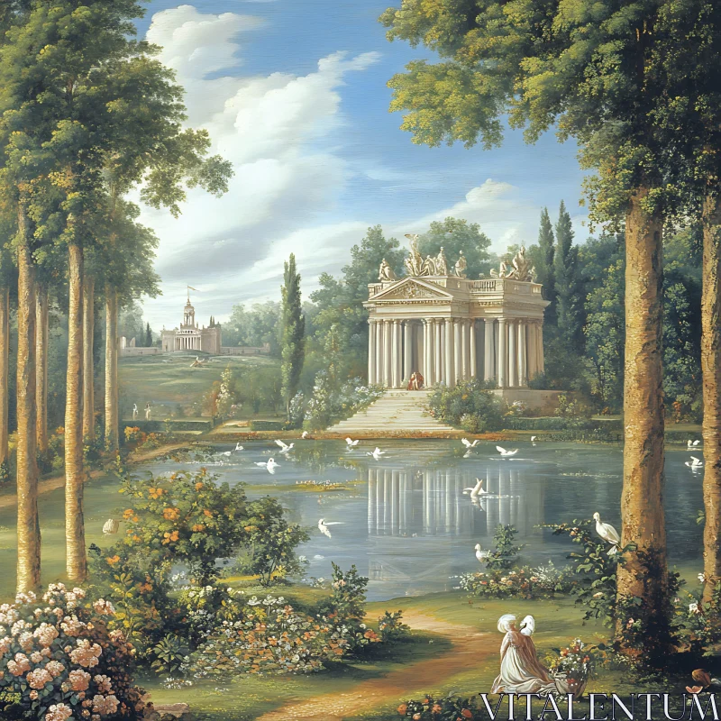 Idyllic Lakeside Scene with Ancient Architecture AI Image