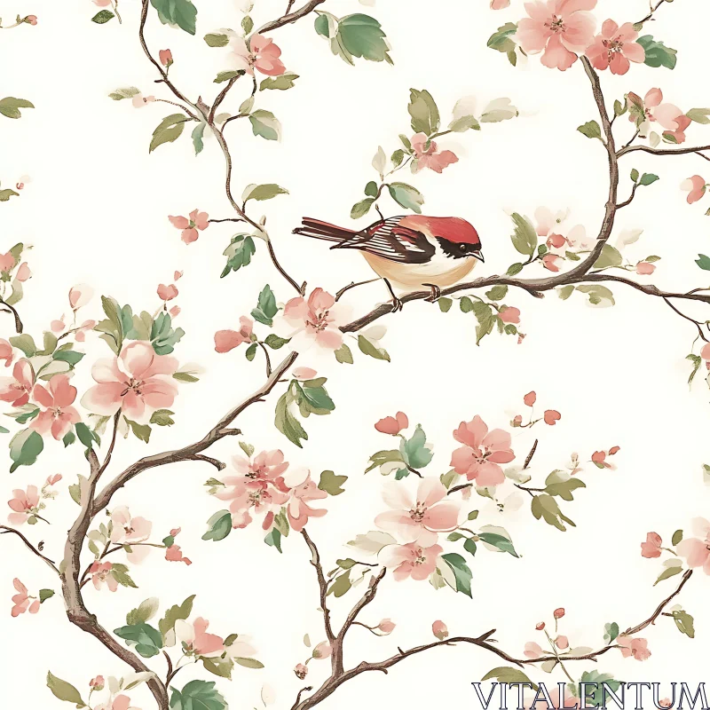 Bird Perched on a Blossom-Filled Branch AI Image