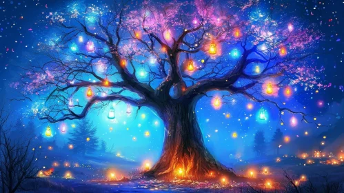 Enchanting Forest Scene with Glowing Lanterns