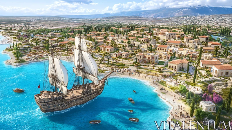 Seaside Town with Sailing Ship AI Image