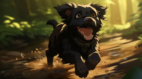 Playful Black Dog Running in Vibrant Forest - Animated Graphic