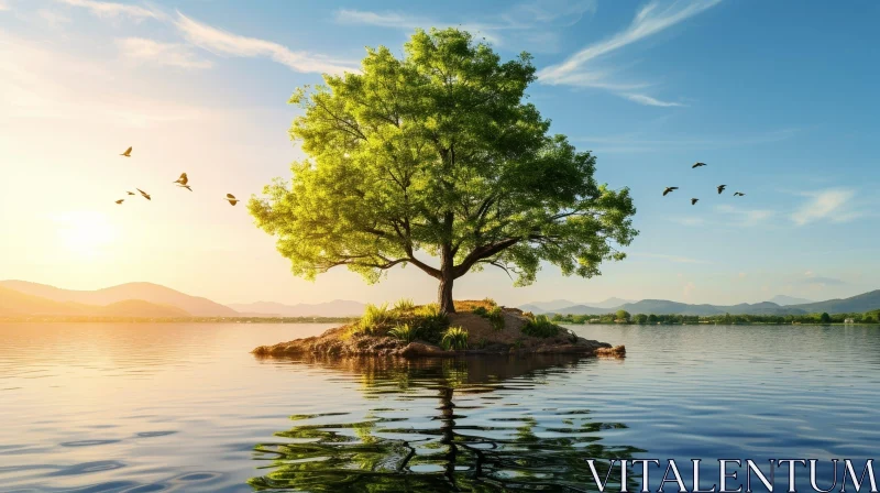 Serene Nature: A Captivating Image of a Tree on a Rocky Island in a Lake AI Image