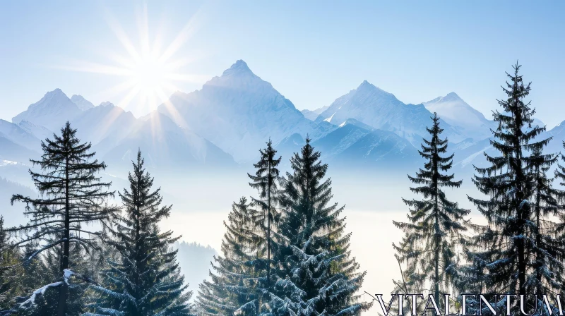 Serene Snow-Capped Mountains Landscape with Evergreen Trees AI Image
