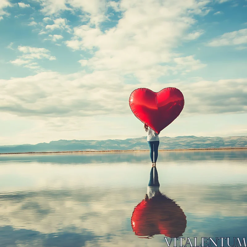 AI ART Red Heart Balloon on Water Surface