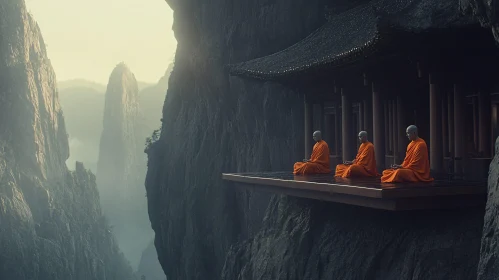 Monks Meditating in a Cliffside Temple
