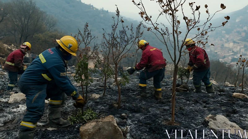 Reforestation Efforts by Firefighters in Hilly Regions AI Image