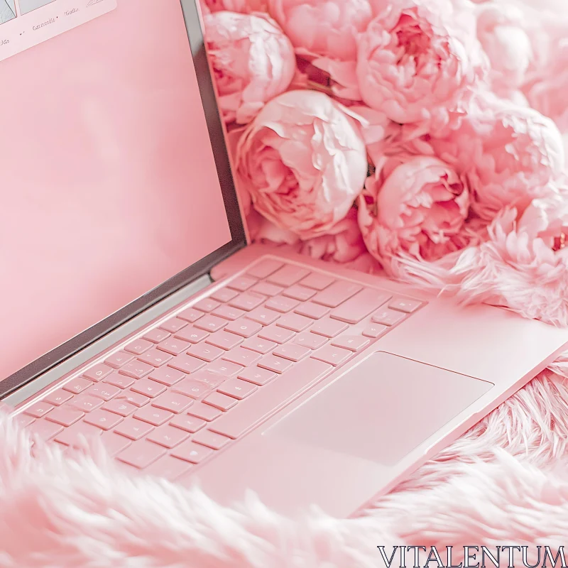 AI ART Tech Meets Nature: Pink Laptop and Flowers