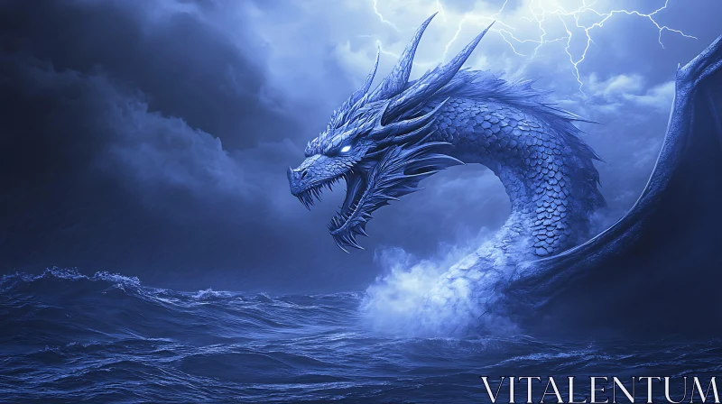 AI ART Blue Dragon Rising from the Ocean