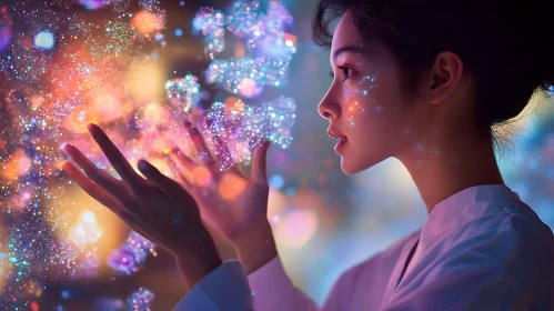 Woman Gazing at Magical Light Particles