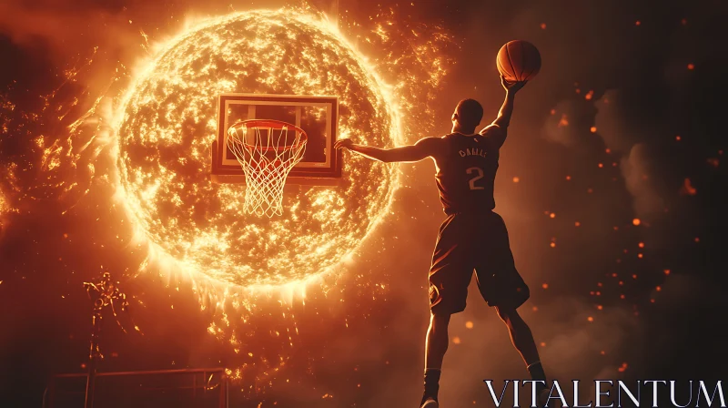 Fiery Basketball Dunk Against the Sun AI Image