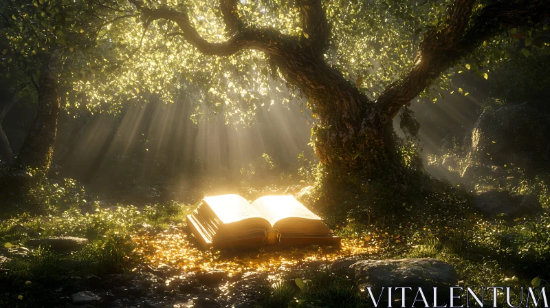 AI ART Sunlit Book in Forest Glade