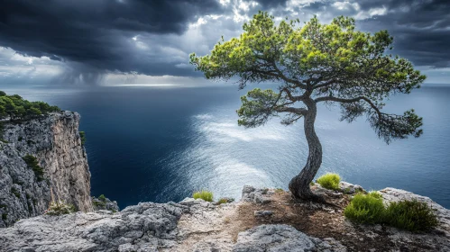 Lone Tree on a Stormy Cliff