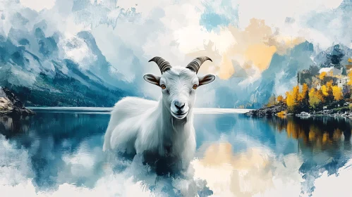 Goat in Tranquil Mountain Lake Scene