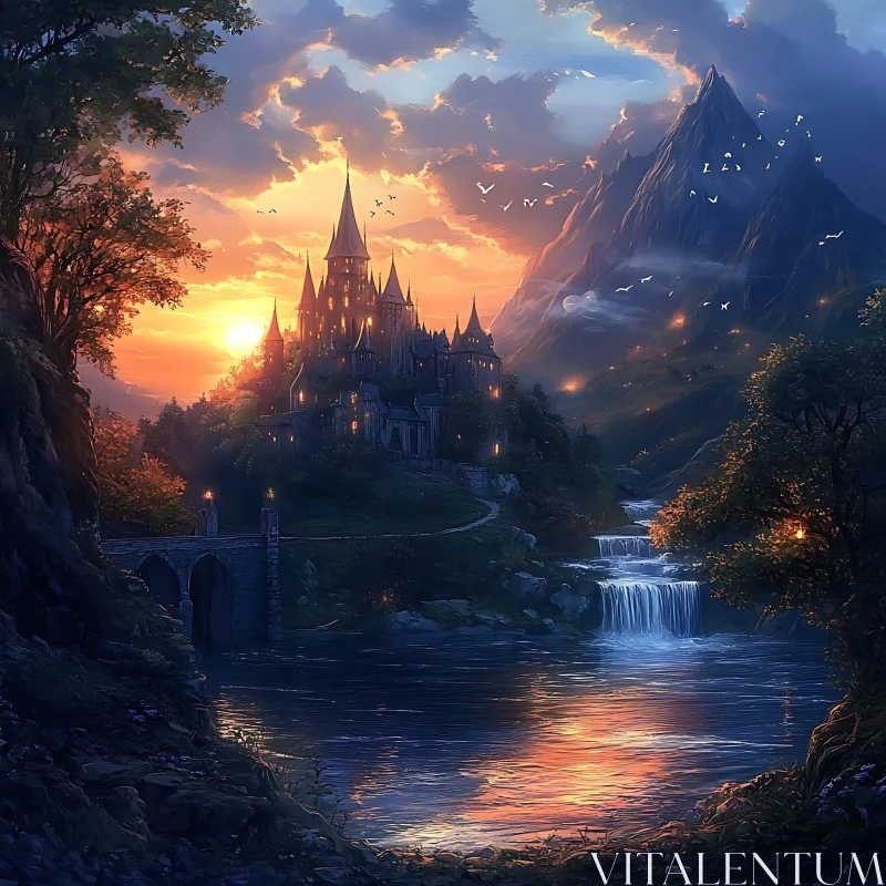 AI ART Mystical Castle with Waterfall View