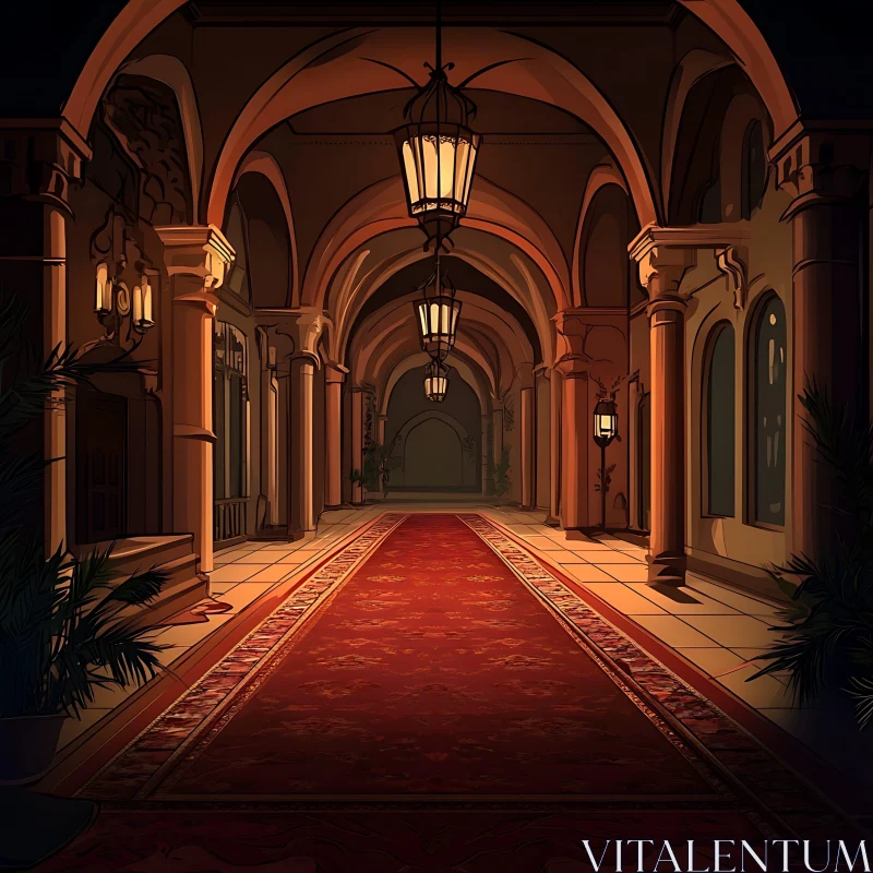 AI ART Stylish Corridor with Red Carpet and Ornate Lanterns