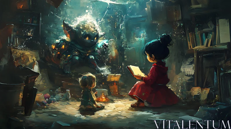 AI ART Kids Reading to a Monster