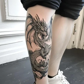 Leg Tattoo: Dragon in Grayscale
