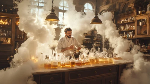 Alchemist at Work in Smoky Lab