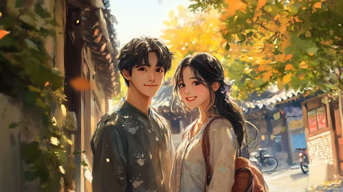 Youthful Anime Couple in Autumn Setting