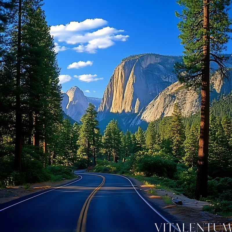 Forest Road with Mountain Backdrop AI Image