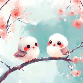 Watercolor Birds with Pink Flowers