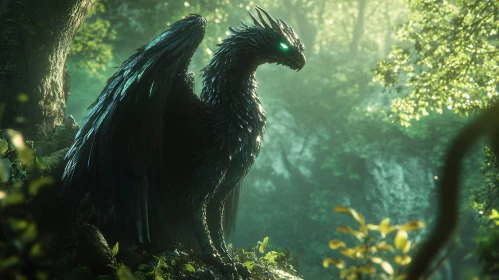 Dark Dragon Perched in Woodland Scene