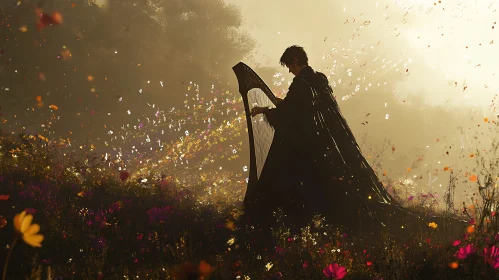 Musical Serenity: Harpist in a Dreamy Landscape