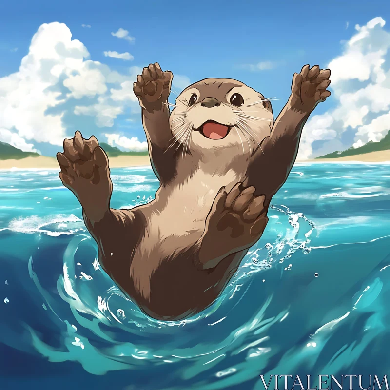 Playful Otter in Mid-Air Above the Sea AI Image