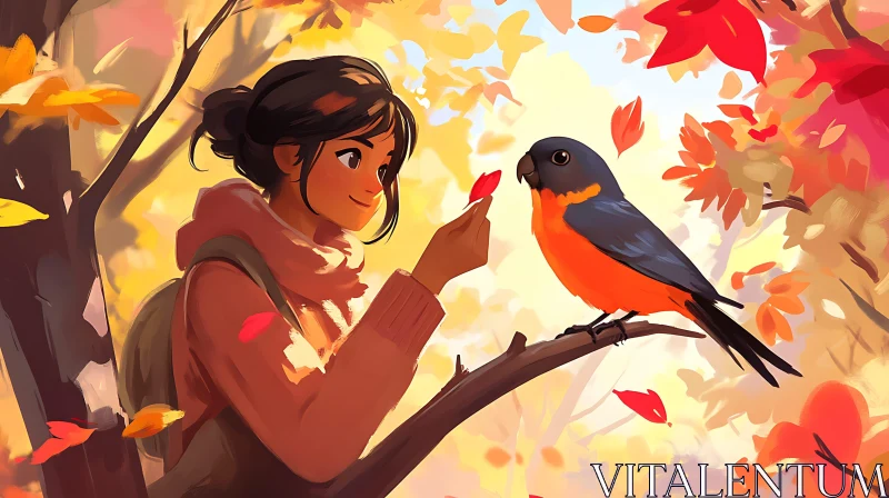 Girl and Bird in Autumn AI Image