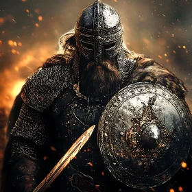 Armored Viking Warrior with Sword and Shield
