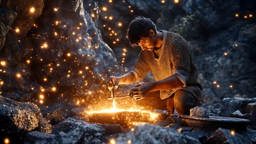 Man Forging Metal with Fire Sparks