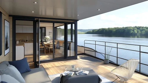 Contemporary Houseboat Design with Open-Plan Living Area and Deck