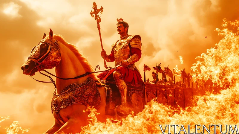 Warrior on Horse Chariot Amidst Flames AI Image