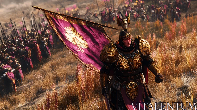 AI ART Armored Warrior with Banner in Battlefield