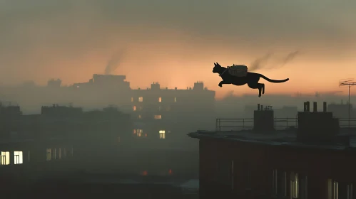 Cat on Rooftop at Sunset