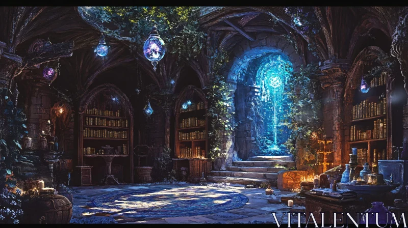 AI ART Mystical Library with Glowing Orbs