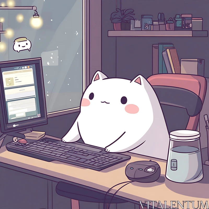 Adorable Anime Cat in Office Setting AI Image