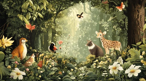 Serene Forest Landscape with Animals and Flowers