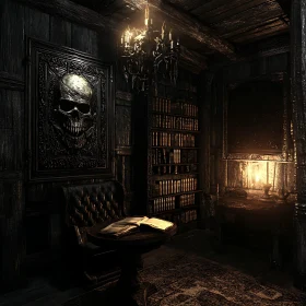 Dark Library with Skull Artwork