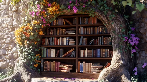 Enchanted Tree Library with Blooming Flowers