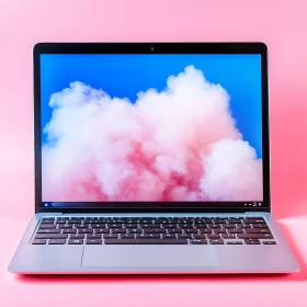 Laptop with Cloudy Sky Display and Pink Backdrop