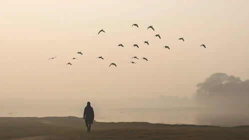 Figure by Lake with Birds in Flight