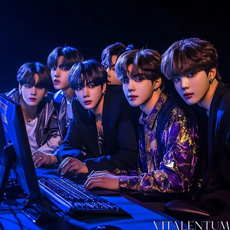 Fashionable Team of Young Men Collaborating at a Computer AI Image