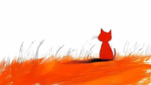 Minimalist Cat Art in Orange Field