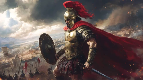 Battle-Ready Warrior with Shield and Cape