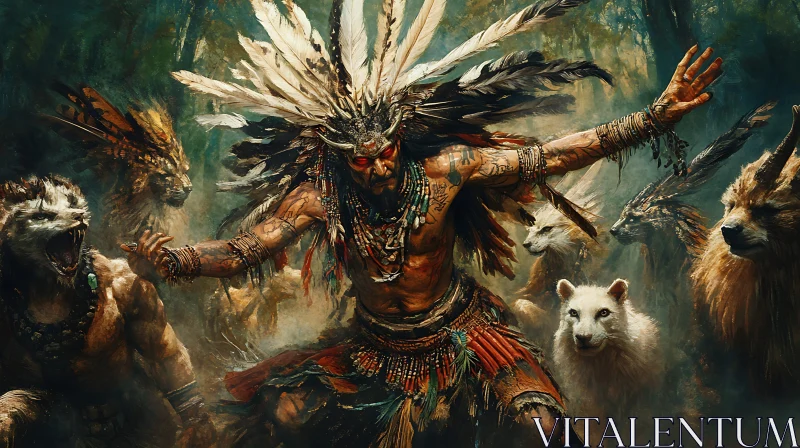 AI ART Tribal Warrior and Spirit Animals Painting