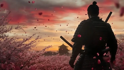 Cherry Blossom Sunset with Samurai