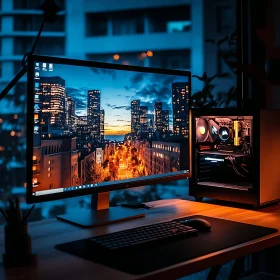 Sleek Workspace with Widescreen Monitor and City View