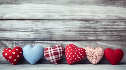 Row of Colorful Hearts on Wooden Surface