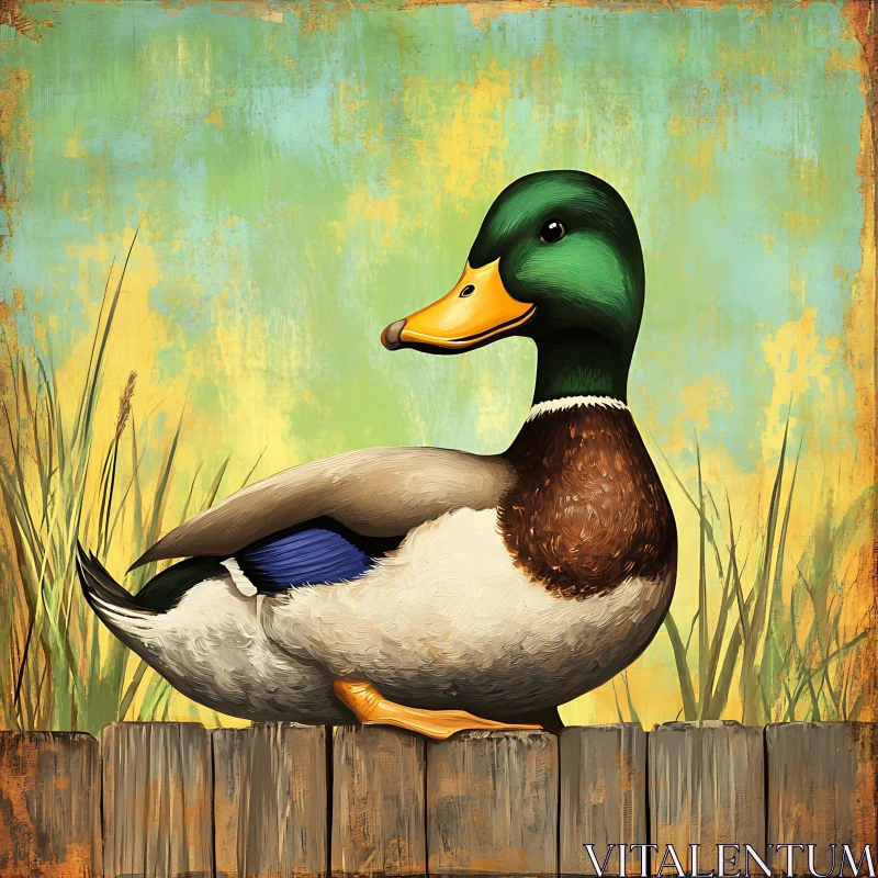 Rustic Duck Portrait on Fence AI Image